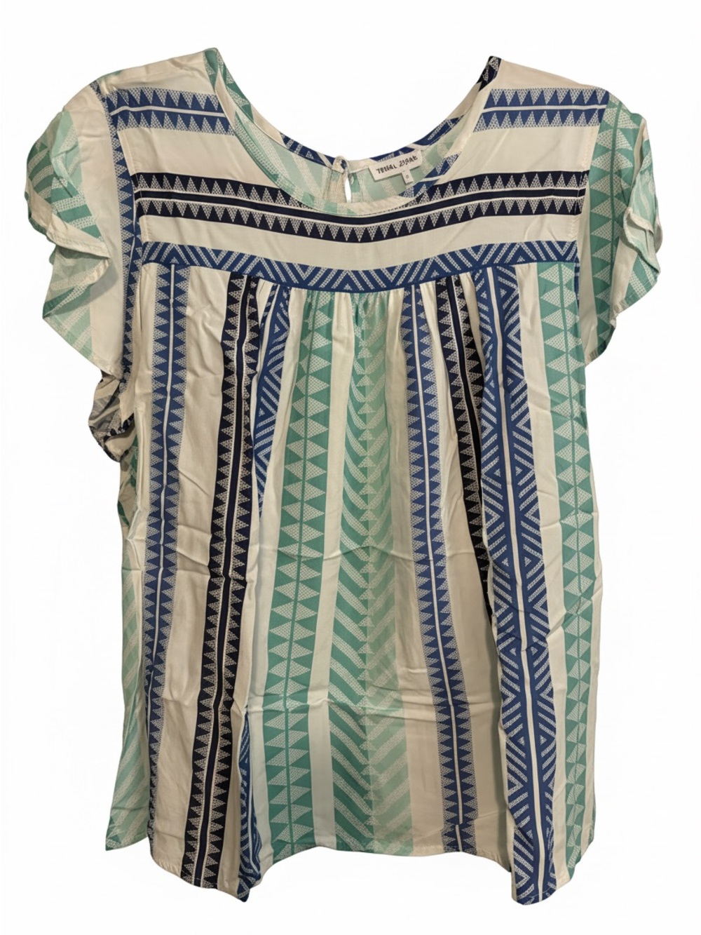 Tribal Jeans Women's Cream Striped Geo Print Flowy Top - Blue & Mint